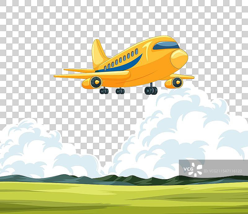 黄色飞机飞翔在绿色田野上图片素材