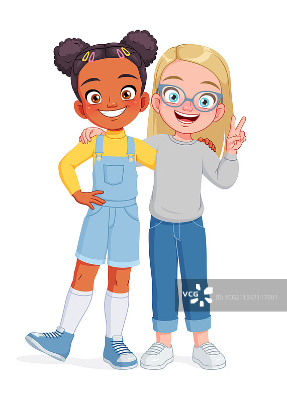 两个年轻女孩快乐地拥抱在一起，亲密无间。图片素材