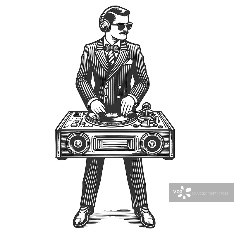 DJ 在转动黑胶唱片的雕刻图片素材