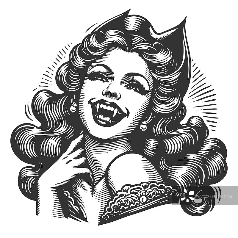 微笑的女性吸血鬼雕刻素描图片素材