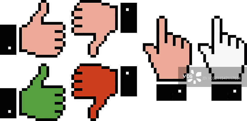像素风格的手，手指向上、向下和指向旁边图片素材