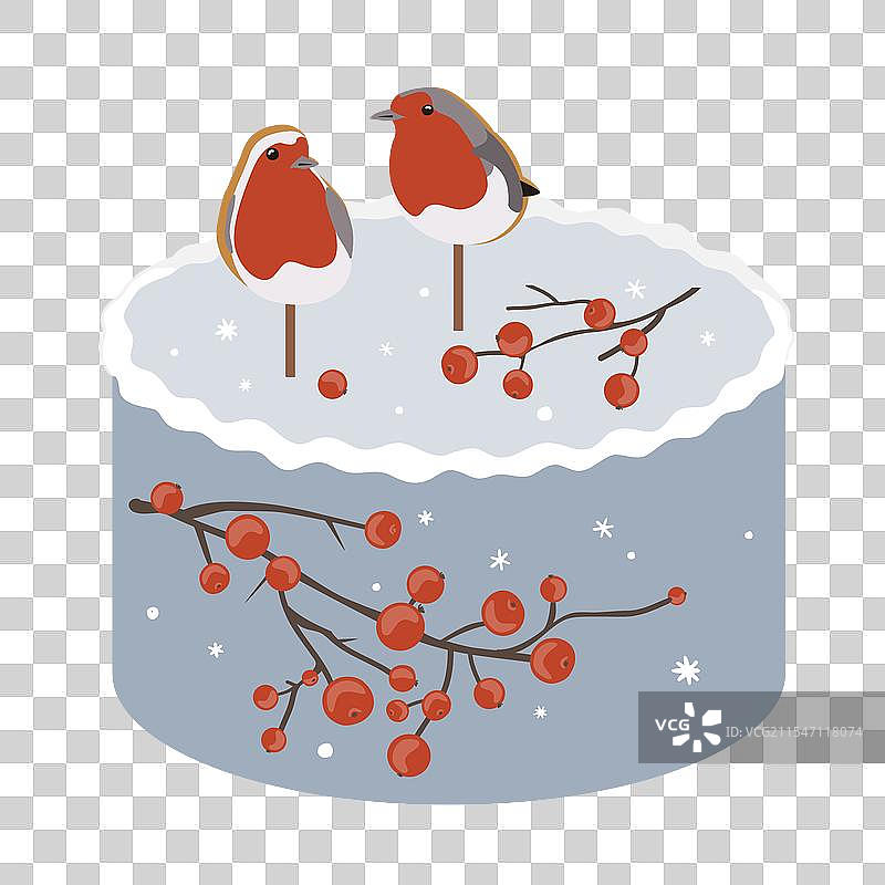 圣诞便当蛋糕，上面装饰着两只知更鸟图片素材