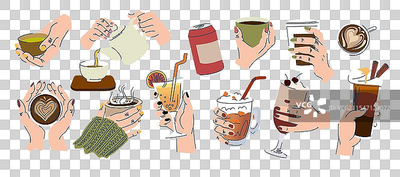 女性手持热饮，包括咖啡和草药茶图片素材