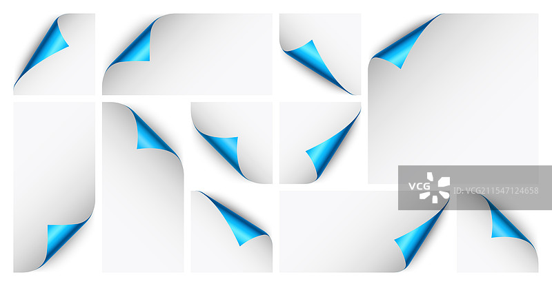 一组蓝色纸卷，卷曲的页面角落图片素材