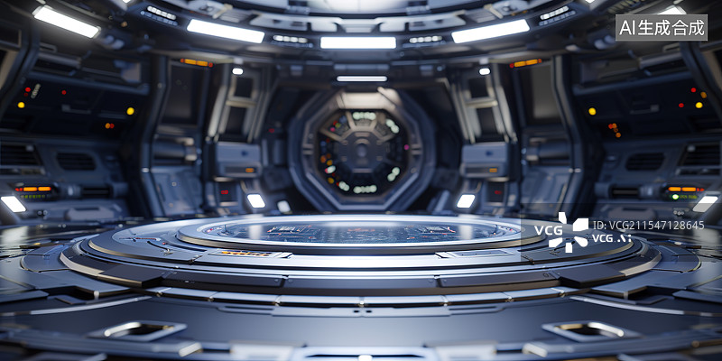 【AI数字艺术】科技风金属质感太空舱产品展台图片素材
