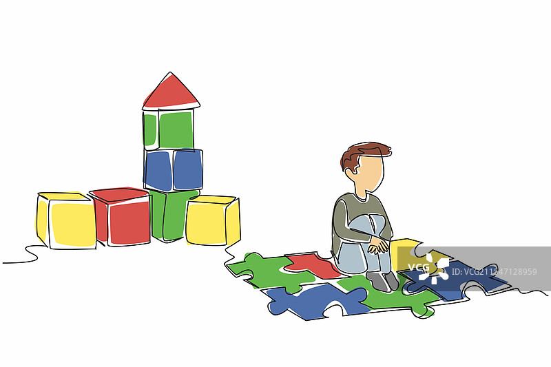 一个男孩坐着的单一连续线条画图片素材