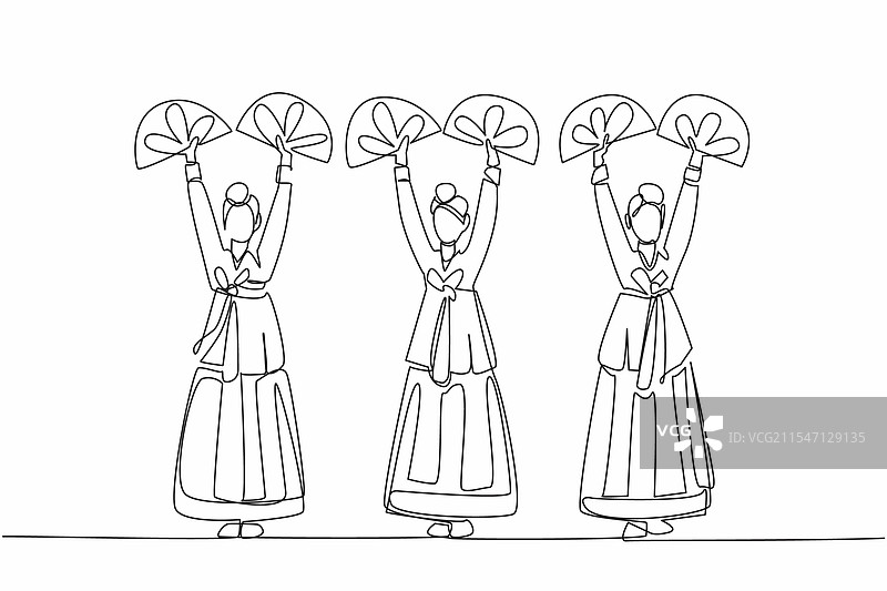 三位女性穿着的单一连续线条画图片素材