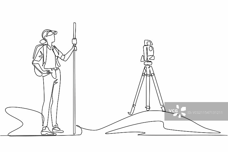 连续一笔画描绘一位女性在测量土地图片素材