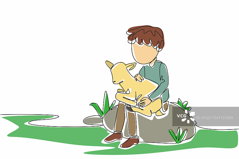 一个男孩坐在一个大物体上的单线画图片素材