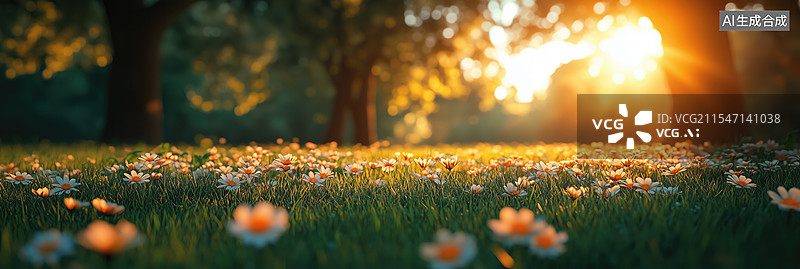 【AI数字艺术】日落时野外开花植物的特写镜头图片素材