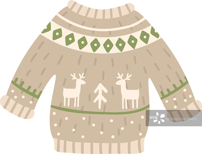 温暖的米色圣诞毛衣，搭配绿色和白色。图片素材