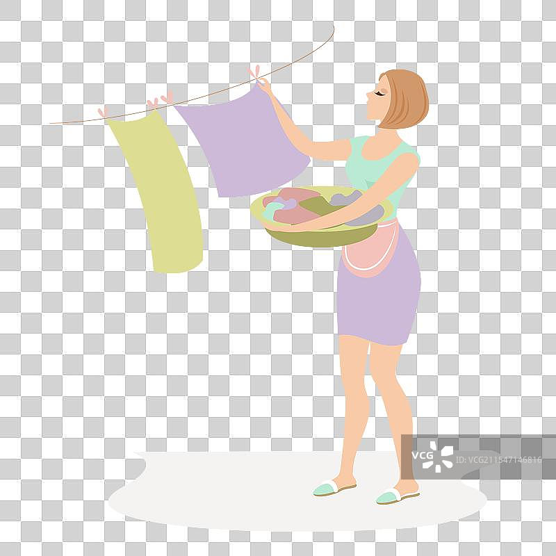 女孩的剪影在洗涤床单图片素材