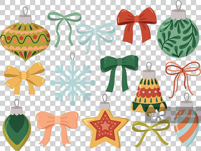 一套五彩缤纷的圣诞装饰和蝴蝶结图片素材