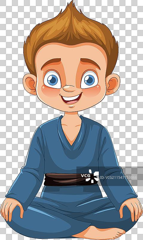 穿着蓝色空手道服的卡通男孩盘腿而坐图片素材