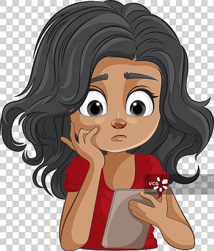 手拿手机的沉思女孩卡通形象图片素材