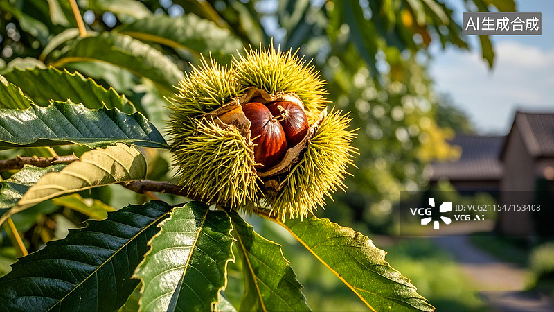 【AI数字艺术】秋天成熟的开口板栗图片素材