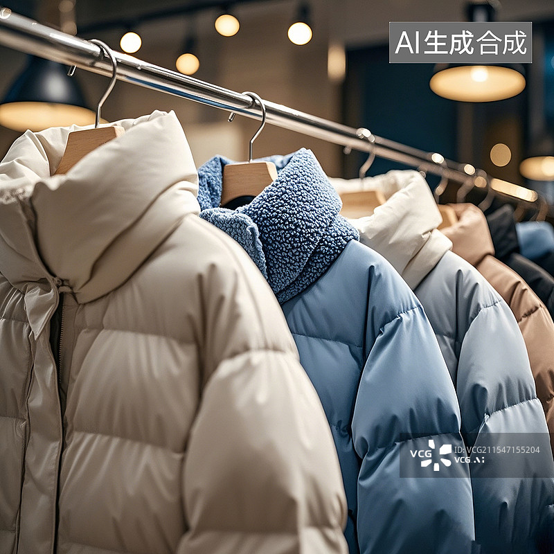 【AI数字艺术】商店衣架上整齐排列的羽绒服特写图片素材