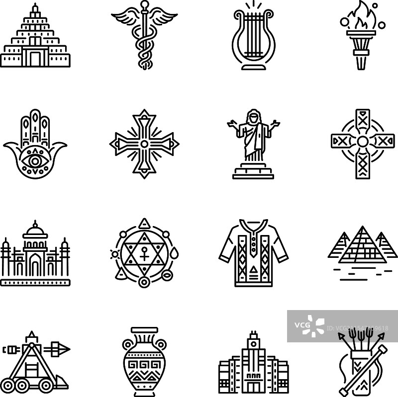 一组古代线条风格图标图片素材