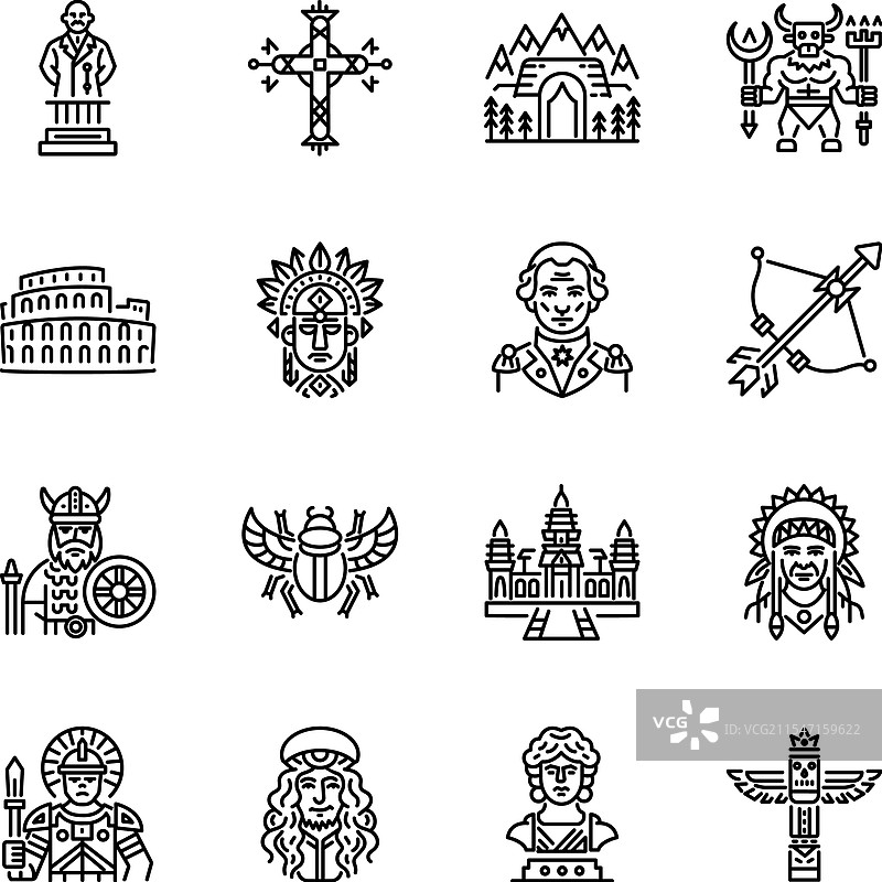 一组线条风格的古代神话图标图片素材