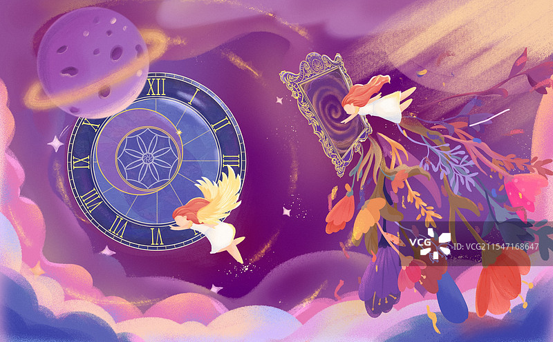 紫色梦幻女孩穿越时间图片素材