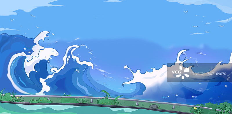 蓝色大海浪花海鸥图片素材