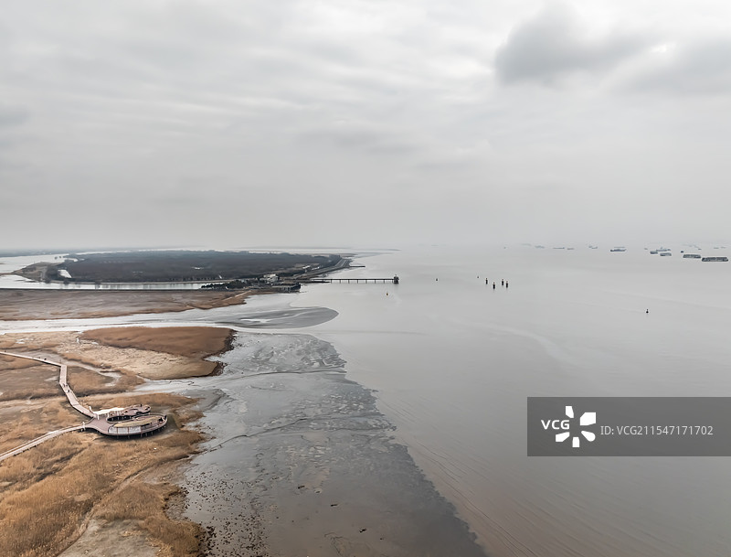 崇明明珠湖湿地滩涂航拍图片素材