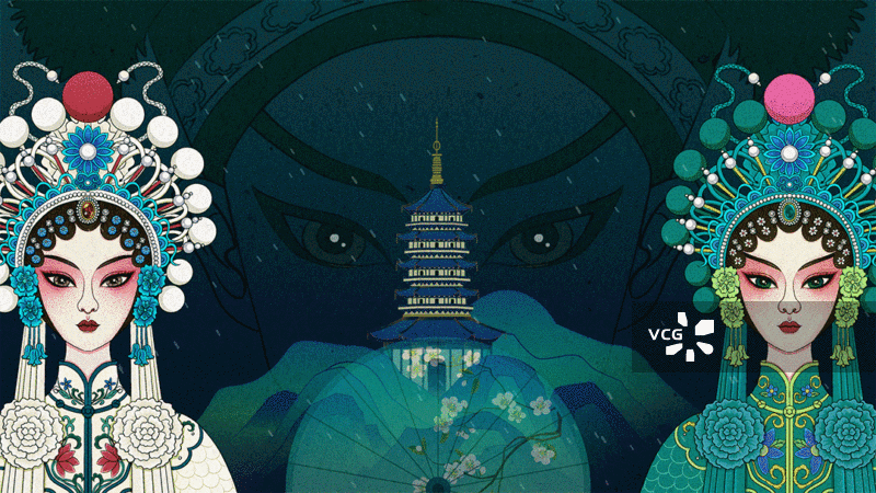 白蛇传戏曲风青蛇白蛇许仙游西湖动画背景图片素材