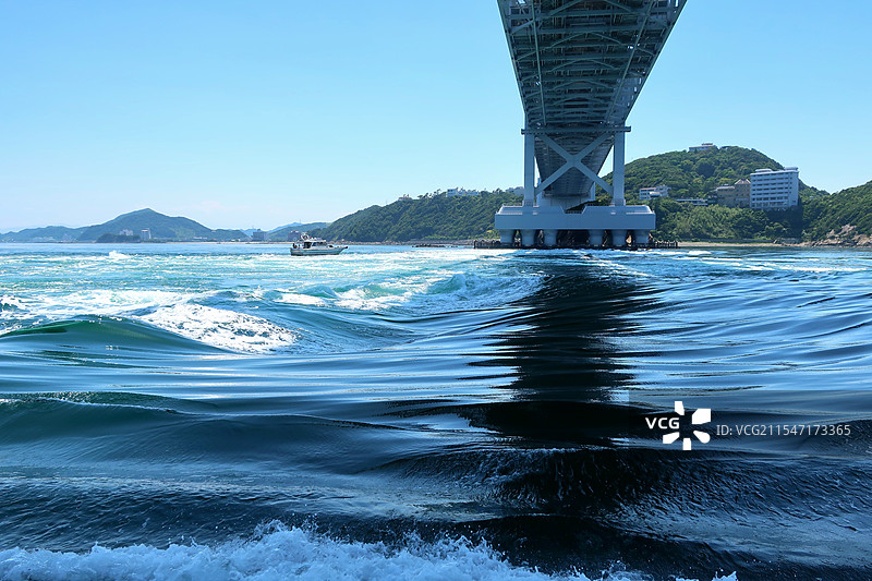 日本德岛县鸣门市，从大鸣门桥下观赏鸣门涡潮（鸣门漩涡）图片素材