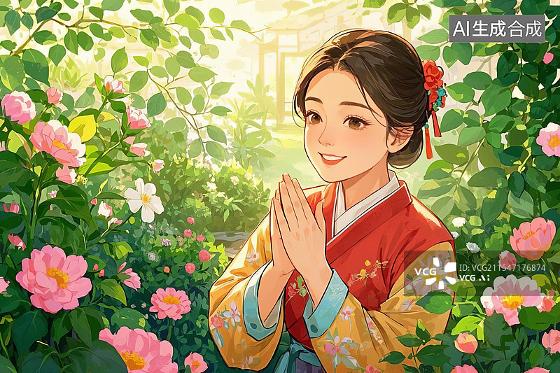 【AI数字艺术】穿着民族传统服装的美女站在花丛中双手祈祷图片素材