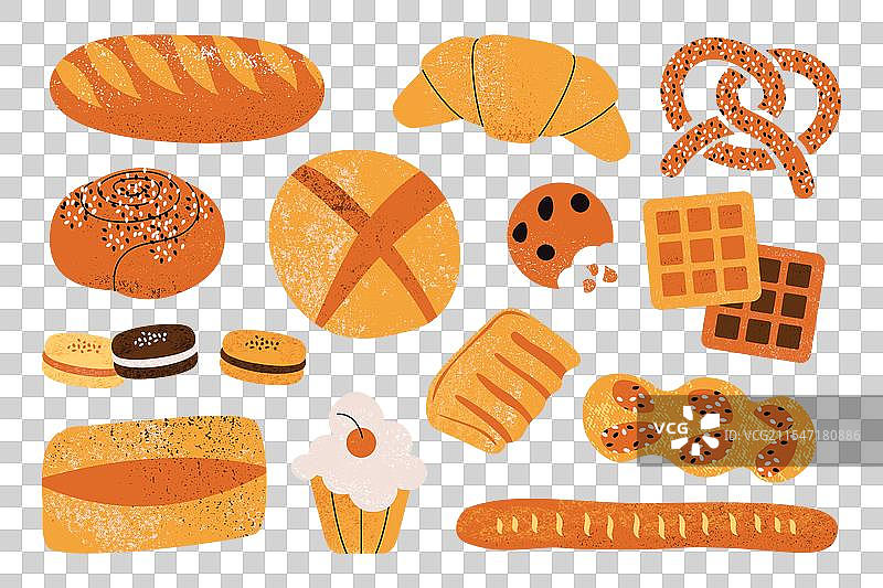 面包店和糕点组合面包杂烩，包括长棍面包和小圆面包图片素材