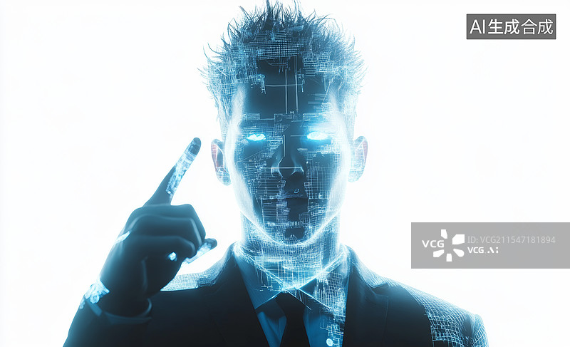 【AI数字艺术】一位穿着西装的男士，他伸出手掌，仿佛在引导或释放出一系列由小人图标组成的数据流。图片素材