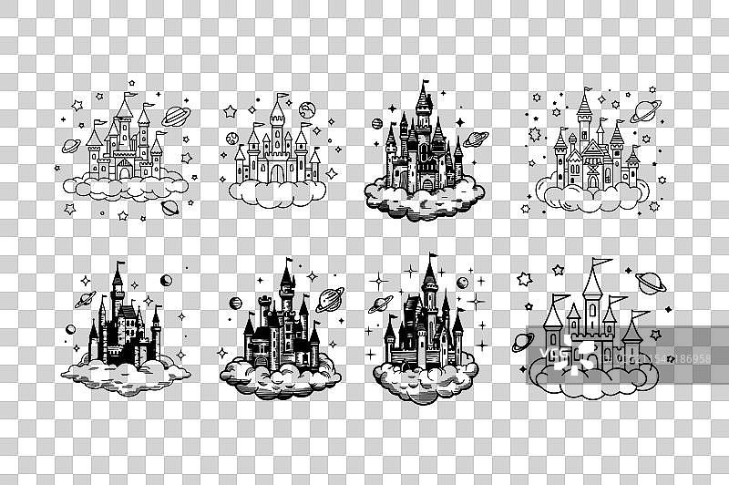 城堡有多个塔楼，四周被包围。图片素材