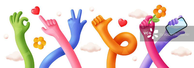 漫画风格的灵活手部套装，长款3D多色设计图片素材