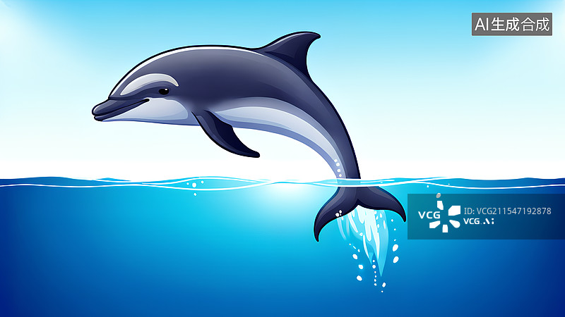 【AI数字艺术】蓝色大海一只海豚，卡通图片素材