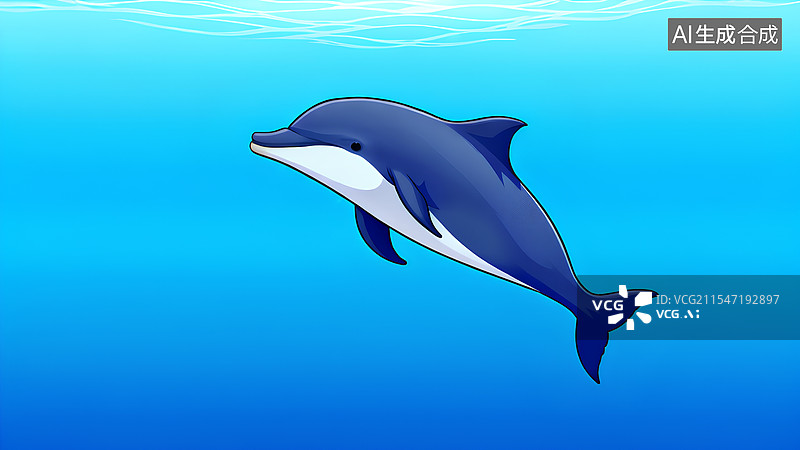 【AI数字艺术】蓝色大海一只海豚，卡通图片素材