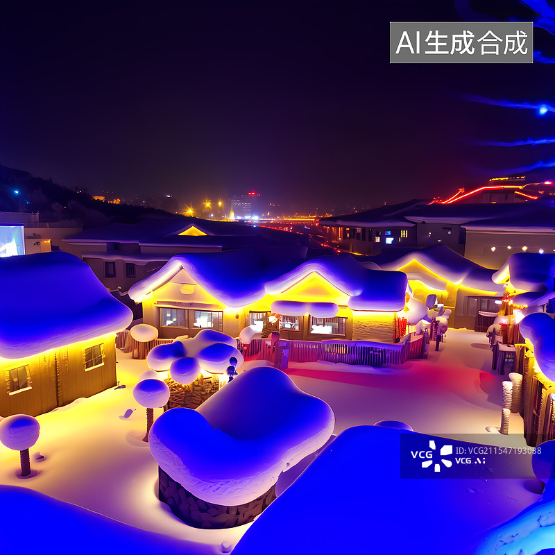 【AI数字艺术】东北村庄雪景夜景。图片素材