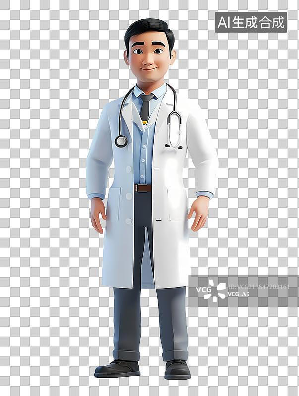 【AI数字艺术】一位穿着白大褂、佩戴听诊器的卡通医生形象，面带微笑，站立在画面中央图片素材