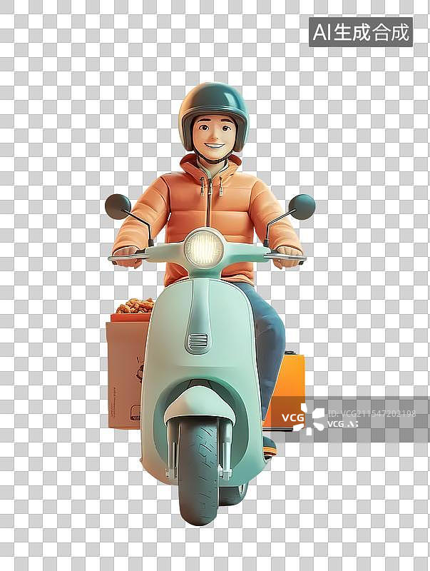 【AI数字艺术】一位戴着头盔的骑手骑着电动车，携带粉色送餐箱图片素材