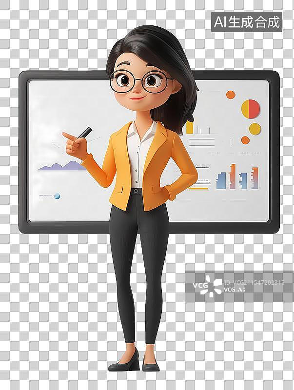 【AI数字艺术】一位身着职业装的卡通女性，手持笔指向屏幕上的图表，展现专业讲解姿态图片素材