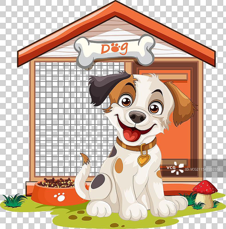 快乐的狗狗坐在它的房子和食碗旁边图片素材