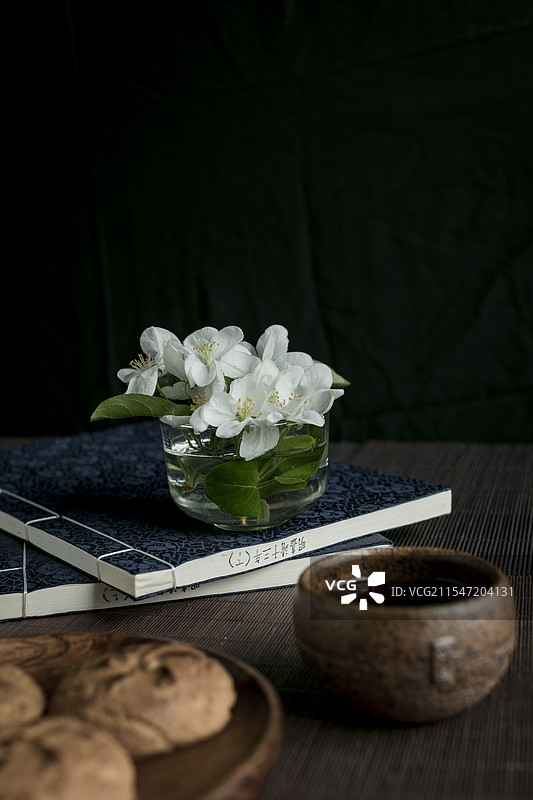 暗调静物摄影中国风白色海棠花与线装书图片素材