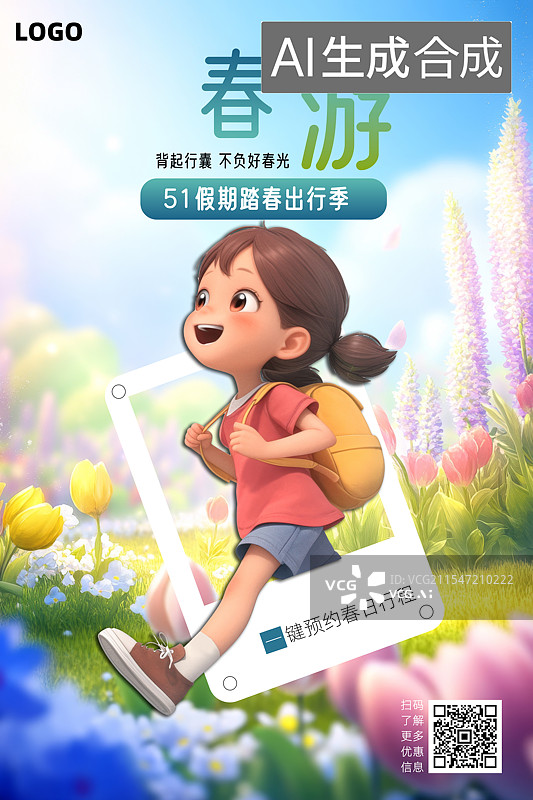 【AI数字艺术】五一儿童节春天出游插画海报图片素材