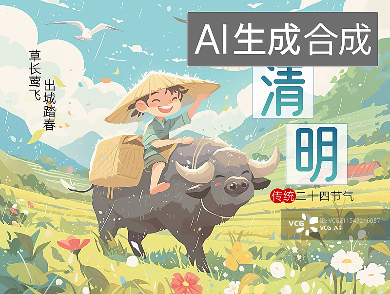 【AI数字艺术】清明节踏春海报，牧童骑黄牛图片素材