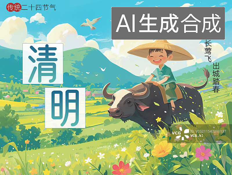 【AI数字艺术】清明节踏春海报，牧童骑黄牛图片素材
