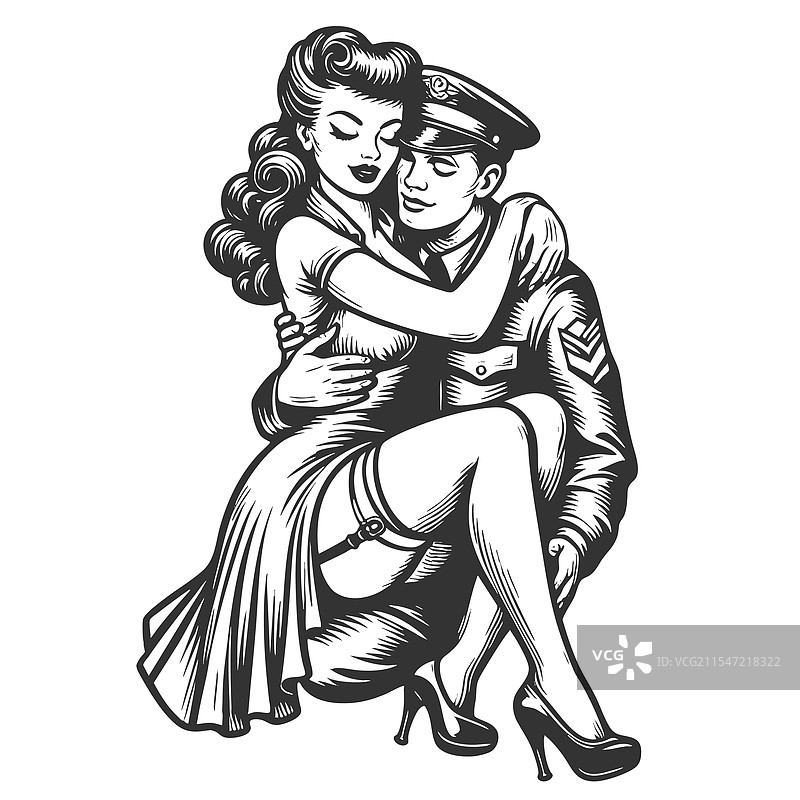 士兵与性感女郎相拥而抱图片素材