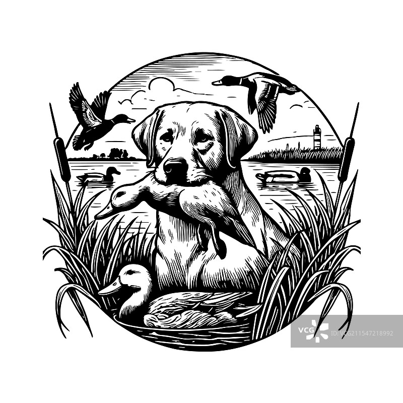 狗叼着一只鸭子在狩猎图片素材