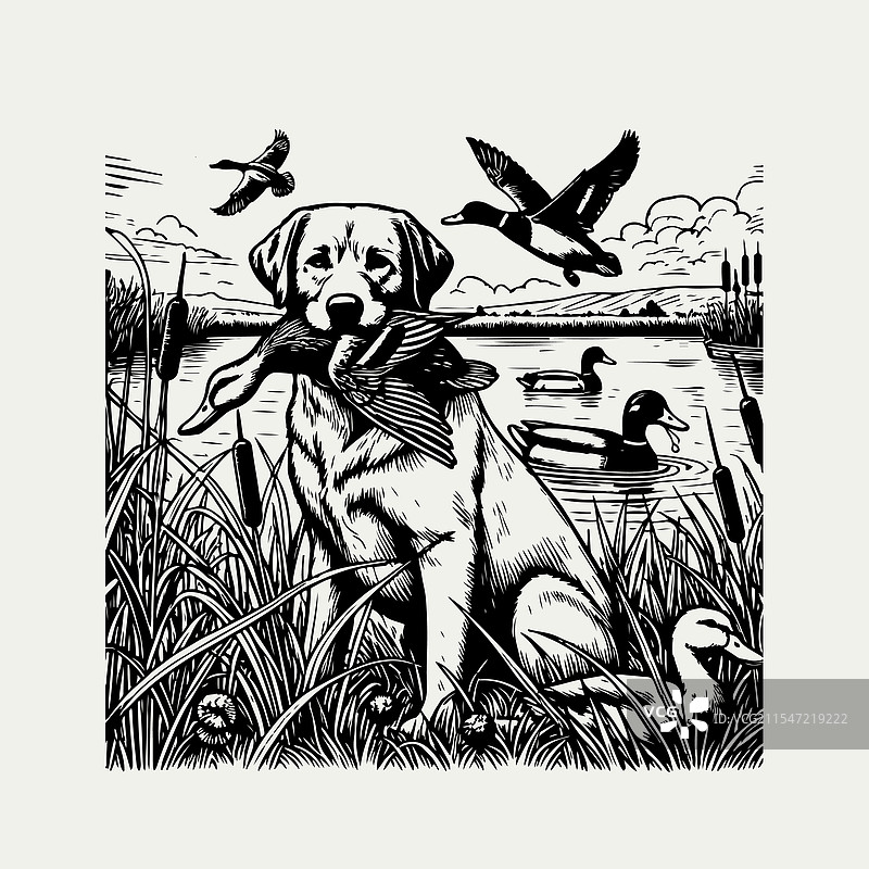 狗叼着鸭子在狩猎图片素材