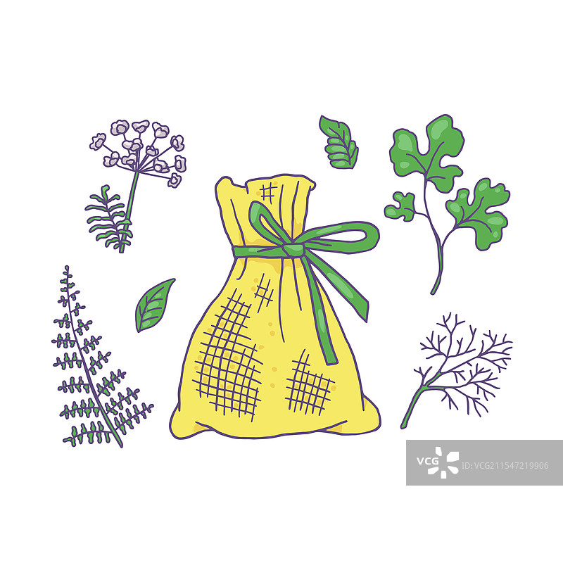 香料香囊或小袋装茴香、莳萝、香菜图片素材