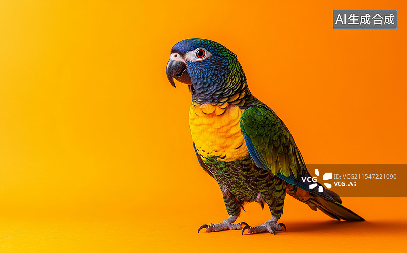 【AI数字艺术】一只色彩鲜艳的鹦鹉，背景是明亮的黄色。鹦鹉的羽毛主要是橙色和红色，图片素材