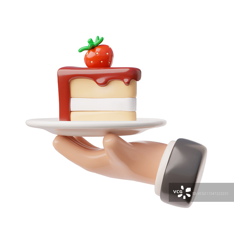 手握草莓蛋糕的盘子，3D效果图片素材